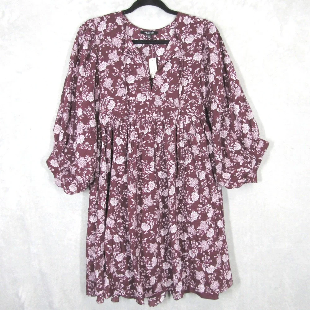 Madewell Floral Splitneck Puff Sleeve Babydoll Dress Medium Burgundy Purple